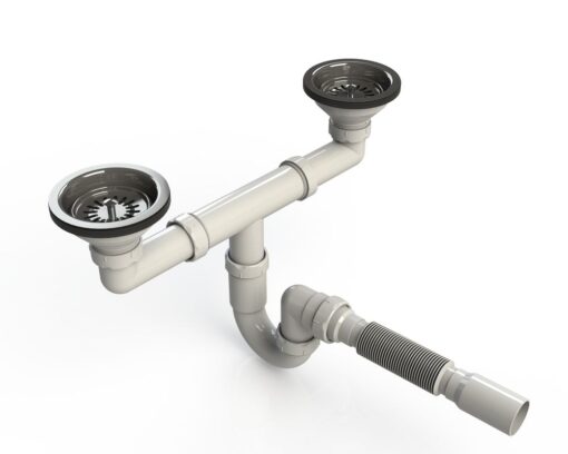 DONAU - ÇÖP KAFALI ÇİFTLİ GÖZLÜ ESLİ EVYE SİFONU (DİRSEK Lİ-KÖRÜKLÜ-Ø40-50 MM)